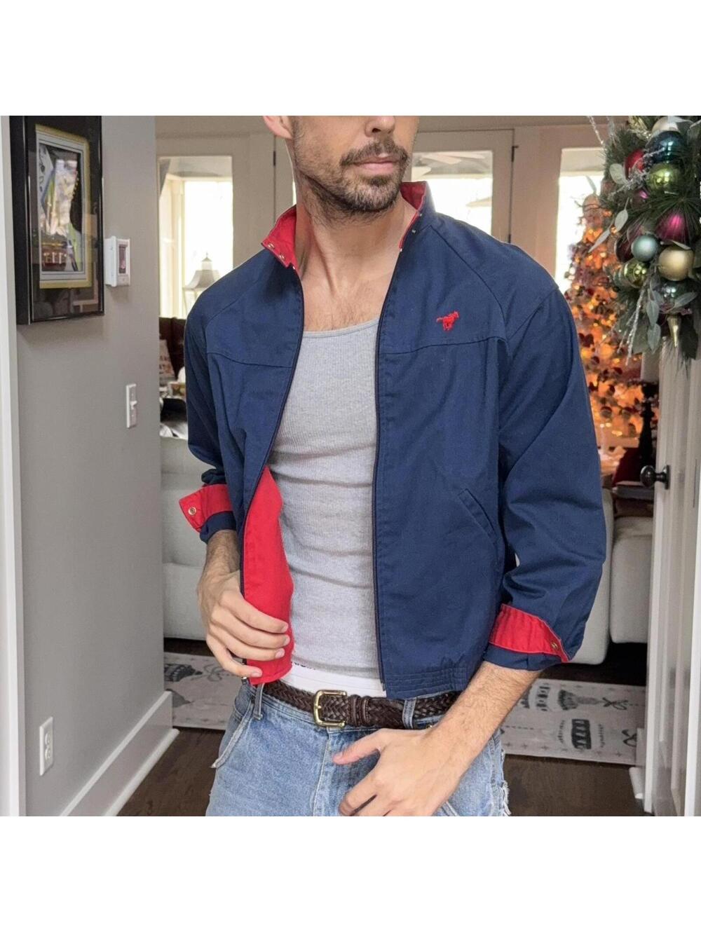 🧨 Vintage Navy & Red Mustang Harrington Jacket — Feels Like XS
